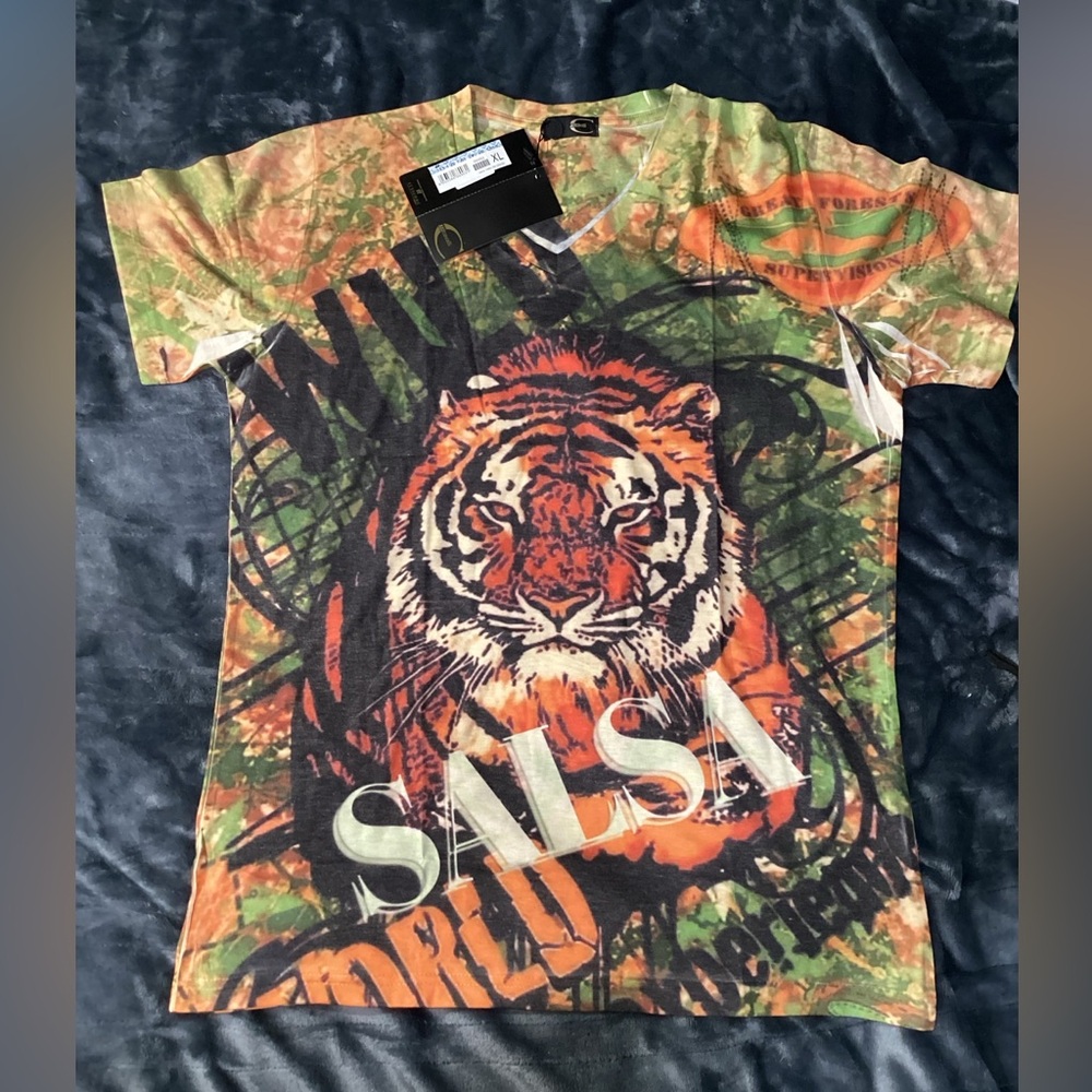 Robert Cavalli Just Cavalli Orange Green Black Graphic Tiger Short Sleeve Tee
